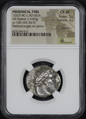 Obverse of this Phoenicia, Tyre 126/5 BC-c.AD 65/6 AR Shekel (13.82g) yr. 160 (AD 34/5) Melkart/Eagle On Prow NGC Ch VF Strike: 3/5, Surface: 3/5