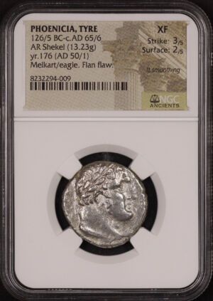 Obverse of this Phoenicia, Tyre 126/5 BC-c AD 65/6 AR Shekel (13.23g) yr. 176 (AD 50/1) Melkart/Eagle/Marks NGC XF Strike: 3/5, Surface: 2/5 It.Smoothing