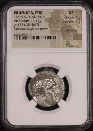 Obverse of this Phoenicia, Tyre 126/5 BC-c AD 65/6 AR Shekel (14.14g) yr. 172 (AD 46/7) Melkart/Eagle on Prow NGC XF Strike: 3/5, Surface: 3/5 Flan Flaws