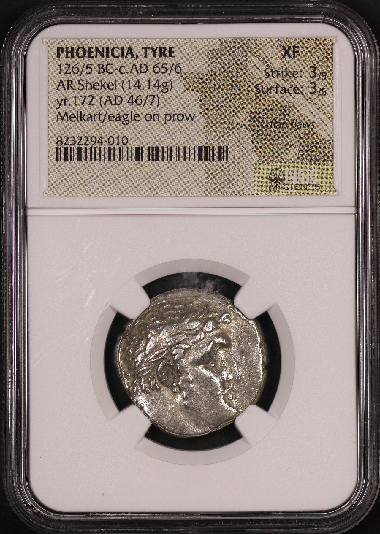 Obverse of this Phoenicia, Tyre 126/5 BC-c AD 65/6 AR Shekel (14.14g) yr. 172 (AD 46/7) Melkart/Eagle on Prow NGC XF Strike: 3/5, Surface: 3/5 Flan Flaws