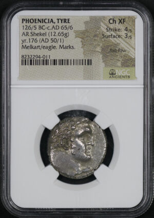 Obverse of this Phoenicia, Tyre 126/5 BC-c AD 65/6 AR Shekel (12.65g) yr. 176 (AD 50/1) Melkart/Eagle/Marks NGC Ch XF Strike: 4/5, Surface: 3/5 Flan Flaws