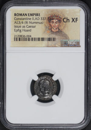 Obverse of this Roman Empire Constantine II AD Tantine 337-340 AE 3/4 (BI Nummus) Issue as Caesar NGC CH XF Epfig Hoard