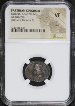 Obverse of this Parthian Kingdom Pacorus, C. AD 78-120 AR Drachm [Also Attr Pacorus II] NGC VF Marks