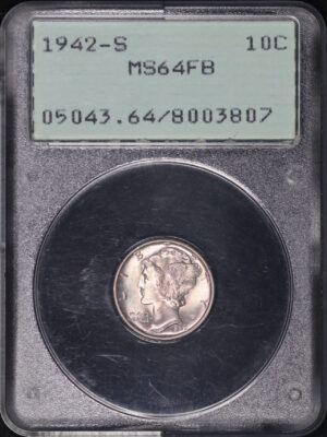 Obverse of this 1942-S Mercury Dime PCGS MS-64 FB Old Green Rattle Holder
