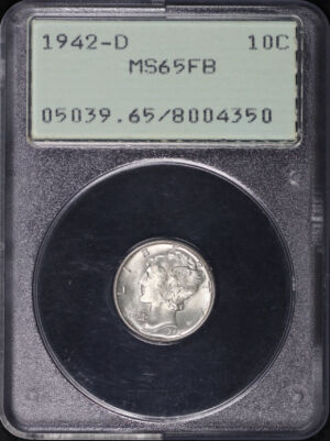 Obverse of this 1942-D Mercury Dime PCGS MS-65 FB Old Green Rattler Holder