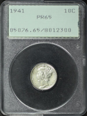 Obverse of this 1941 Mercury Dime PCGS PR-65 Old Green Rattler Holder