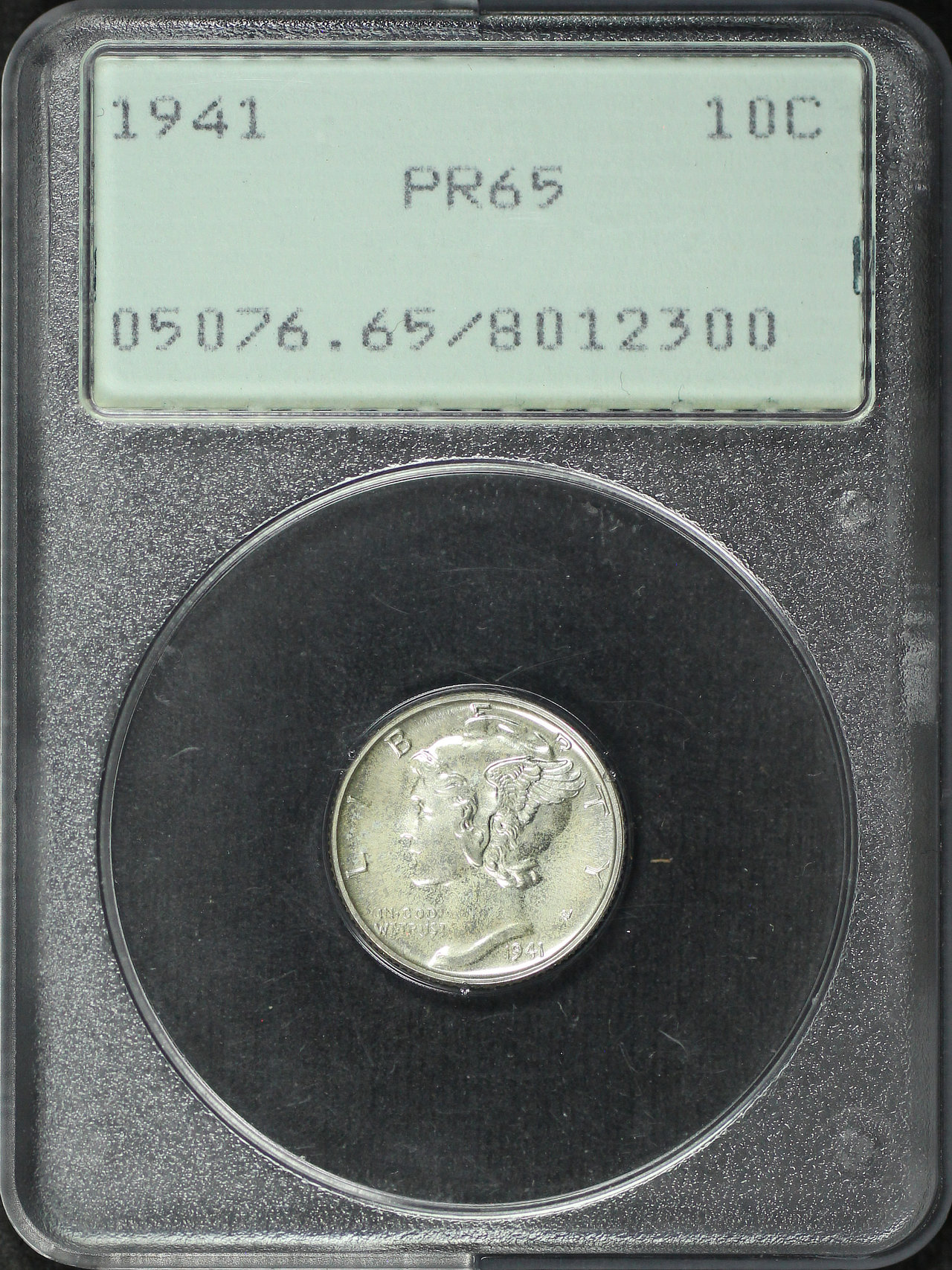 Obverse of this 1941 Mercury Dime PCGS PR-65 Old Green Rattler Holder