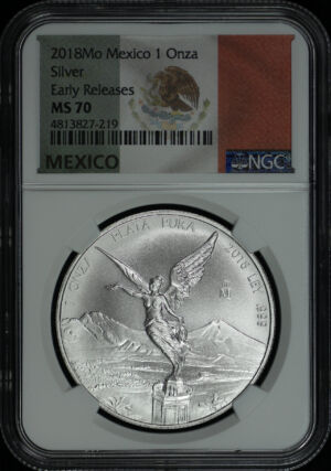 Obverse of this 2018-Mo Mexico Silver Libertad Onza NGC MS-70 Early Release