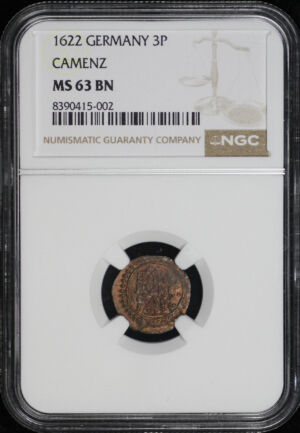 Obverse of this 1622 Camenz, Germany 3P NGC MS-63 BN