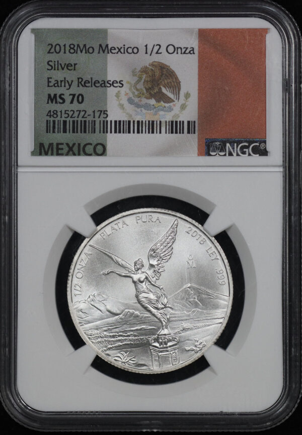 Obverse of this 2018 Mo Mexico 1/2 Silver Early Releases NGC MS-70