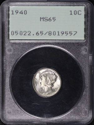 Obverse of this 1940 Mercury Dime PCGS MS-65 Old Green Rattler Holder