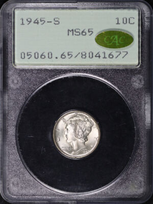 Obverse of this 1945-S Mercury Dime PCGS MS-65 Gold CAC Old Rattler Holder