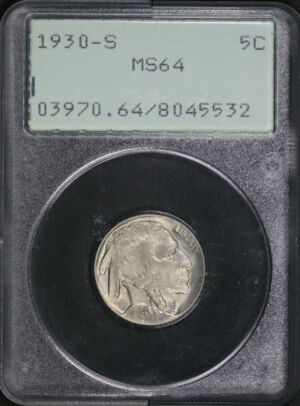 Obverse of this 1930-S Buffalo Nickel PCGS MS-64 Old Green Rattler Holder