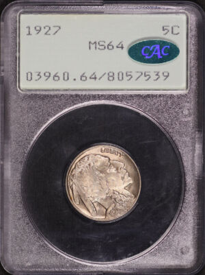 Obverse of this 1927 Buffalo Nickel PCGS MS-64 CAC Old Green Rattler Holder