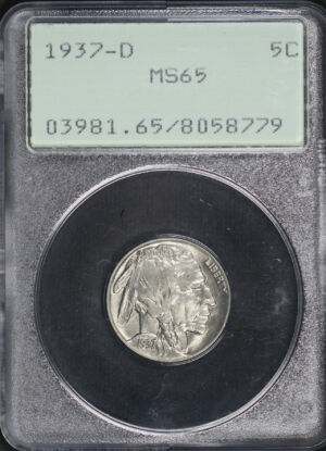 Obverse of this 1937-D Buffalo Nickel PCGS MS-65 Old Green Rattler Holder