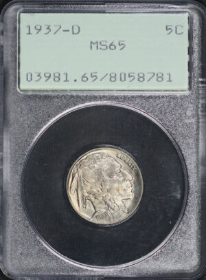 Obverse of this 1937-D Buffalo Nickel PCGS MS-65  Old Green Rattler Holder