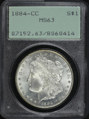 Obverse of this 1884-CC Morgan Dollar PCGS MS-63 Old Green Rattler Holder