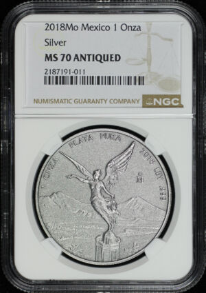 Obverse of this 2018-Mo Mexico Silver Libertad Onza NGC MS-70 Antiqued Finish