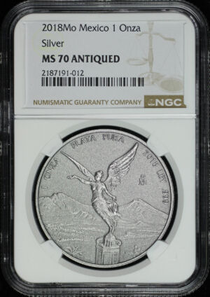 Obverse of this 2018-Mo Mexico Silver Libertad Onza NGC MS-70 Antiqued Finish