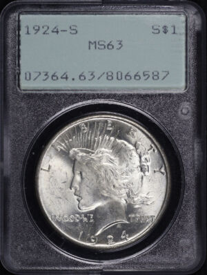 Obverse of this 1924-S Peace Dollar PCGS MS-63 Old Green Rattler Holder