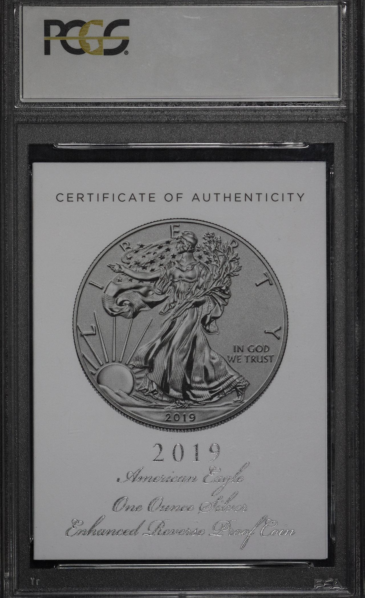 Gallery image of this 2019-S Silver Eagle Silver Eagle Enhanced Rev PR PCGS PR-70 First Strike