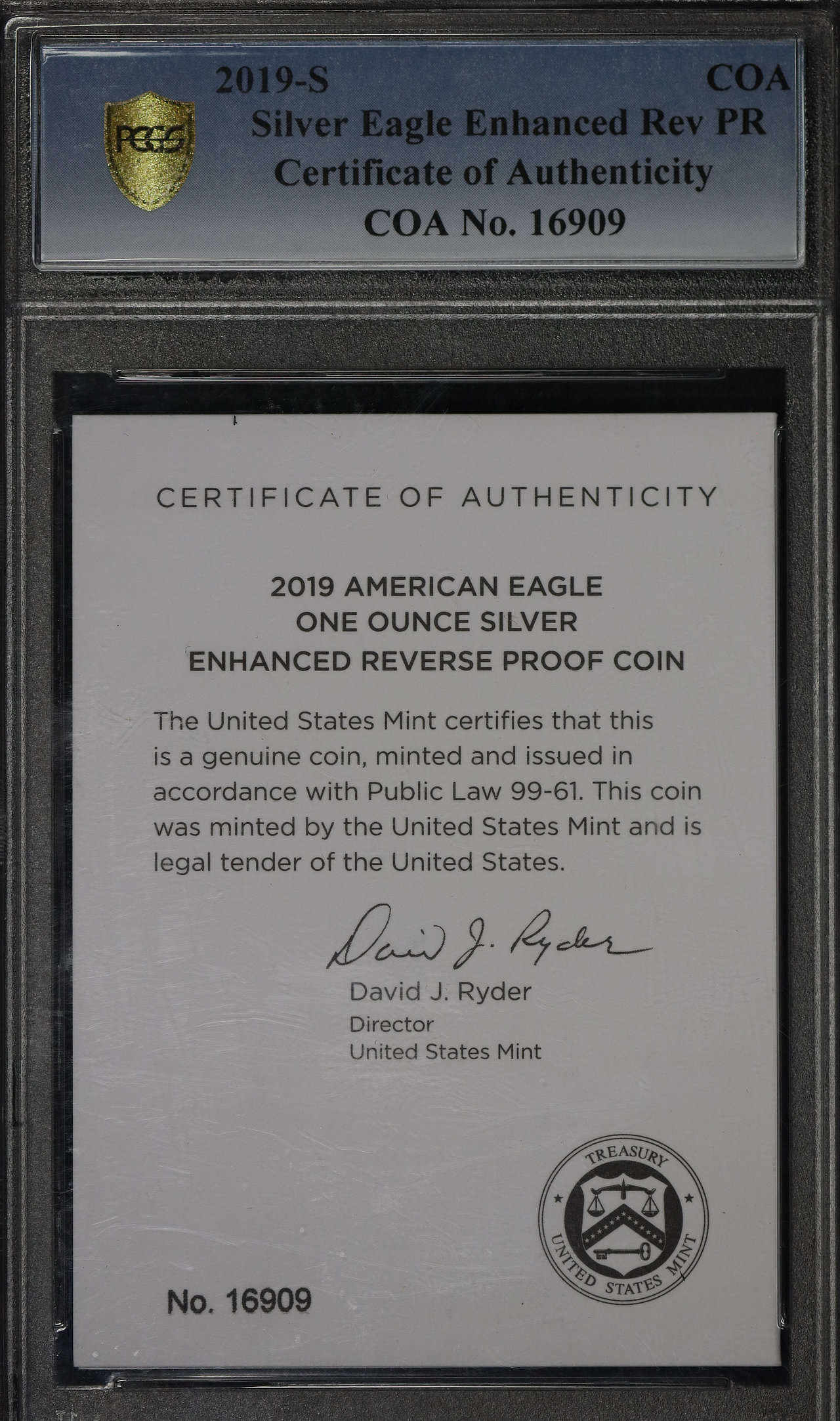 Gallery image of this 2019-S Silver Eagle Silver Eagle Enhanced Rev PR PCGS PR-70 First Strike