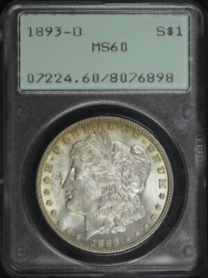 Obverse of this 1893-O Morgan Dollar PCGS MS-60 Old Green Rattler Holder