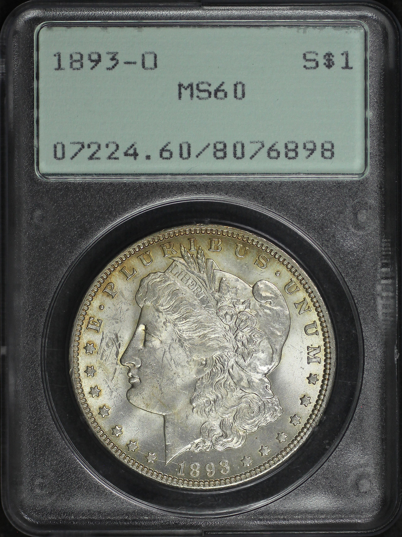 Obverse of this 1893-O Morgan Dollar PCGS MS-60 Old Green Rattler Holder
