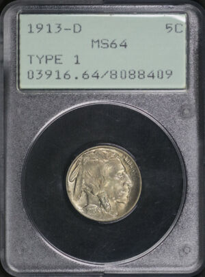 Obverse of this 1913-D Buffalo Nickel Type 1 PCGS MS-64 Old Green Rattler Holder