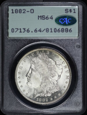 Obverse of this 1882-O Morgan Dollar PCGS MS-64 CAC Old Green Rattler Holder
