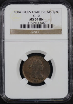 Obverse of this 1804 Draped Bust Half Cent Cross 4 With Stems C-10 NGC MS-64 BN