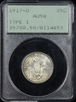 Obverse of this 1917-D Standing Liberty Quarter Type 1 PCGS AU-58 Old Green Rattler Holder