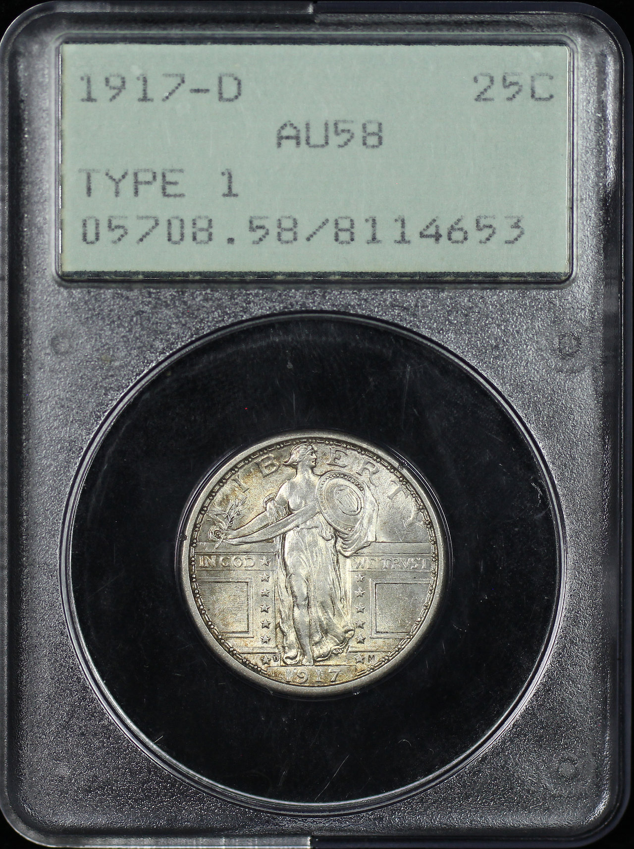 Obverse of this 1917-D Standing Liberty Quarter Type 1 PCGS AU-58 Old Green Rattler Holder