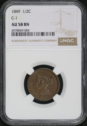 Obverse of this 1849 Braided Hair Half Cent C-1 NGC AU-58 BN