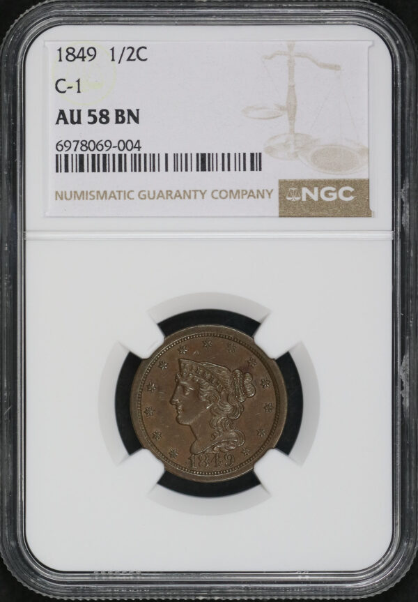 Obverse of this 1849 Braided Hair Half Cent C-1 NGC AU-58 BN