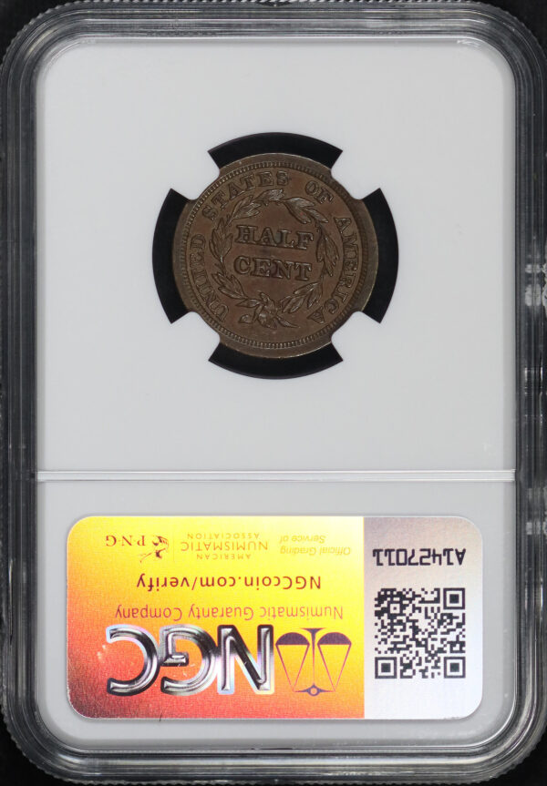 Reverse of this 1849 Braided Hair Half Cent C-1 NGC AU-58 BN