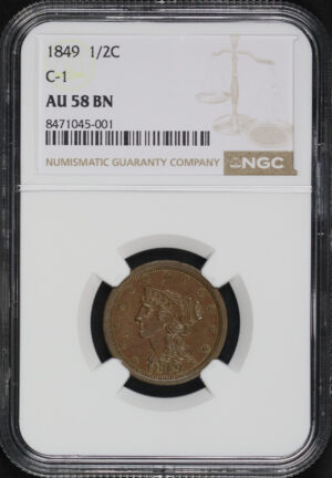 Obverse of this 1849 Braided Hair C-1 Half Cent NGC AU-58 BN