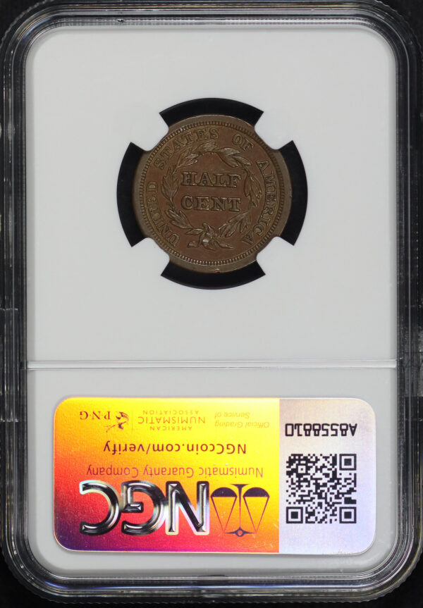 Reverse of this 1849 Braided Hair C-1 Half Cent NGC AU-58 BN