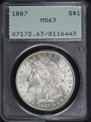 Obverse of this 1887 Morgan Dollar PCGS MS-63 Old Green Rattler Holder