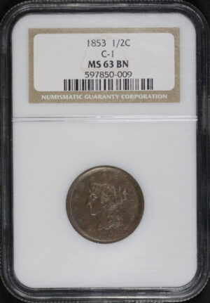 Obverse of this 1853 Braided Hair Half Cent NGC MS-63 BN