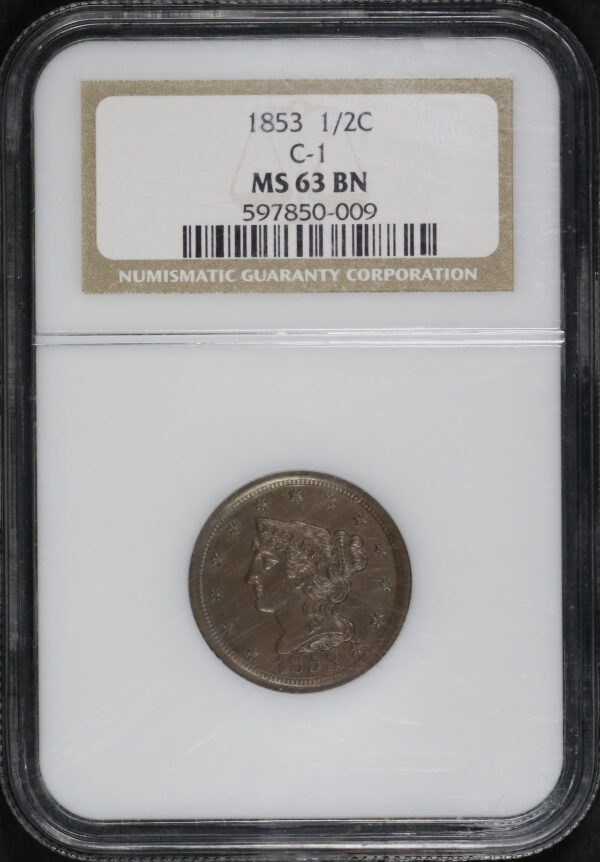 Obverse of this 1853 Braided Hair Half Cent NGC MS-63 BN