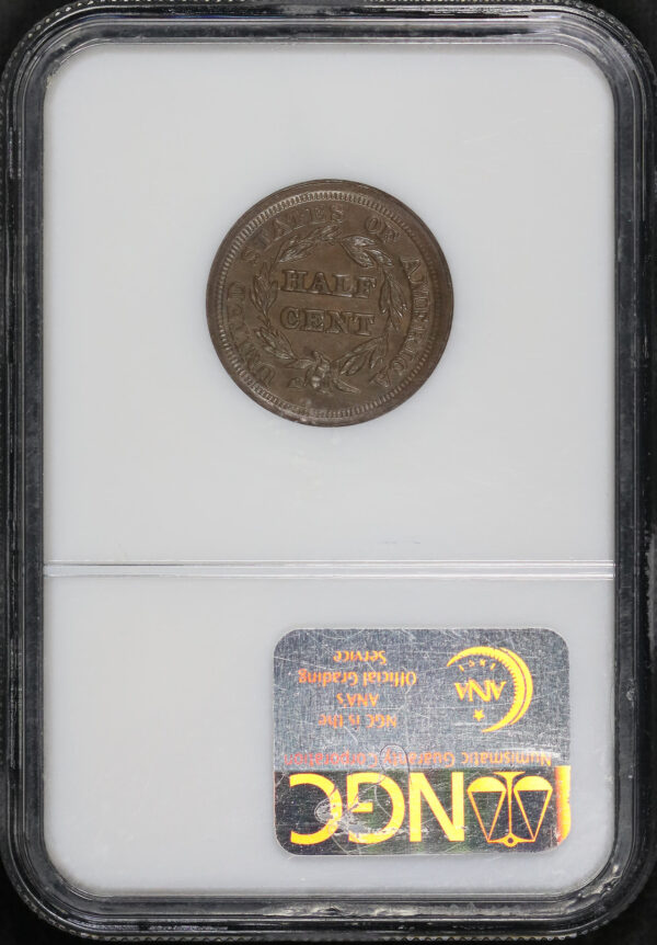 Reverse of this 1853 Braided Hair Half Cent NGC MS-63 BN