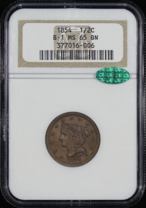 Obverse of this 1854 Braided Hair Half Cent B-1 NGC MS-65 BN CAC