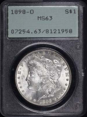 Obverse of this 1898-O Morgan Dollar PCGS MS-63 Old Green Rattler Holder