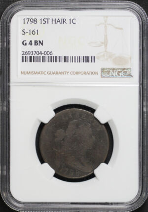 Obverse of this 1798 Draped Bust Cent First Hair Style S-161 NGC G-4 BN