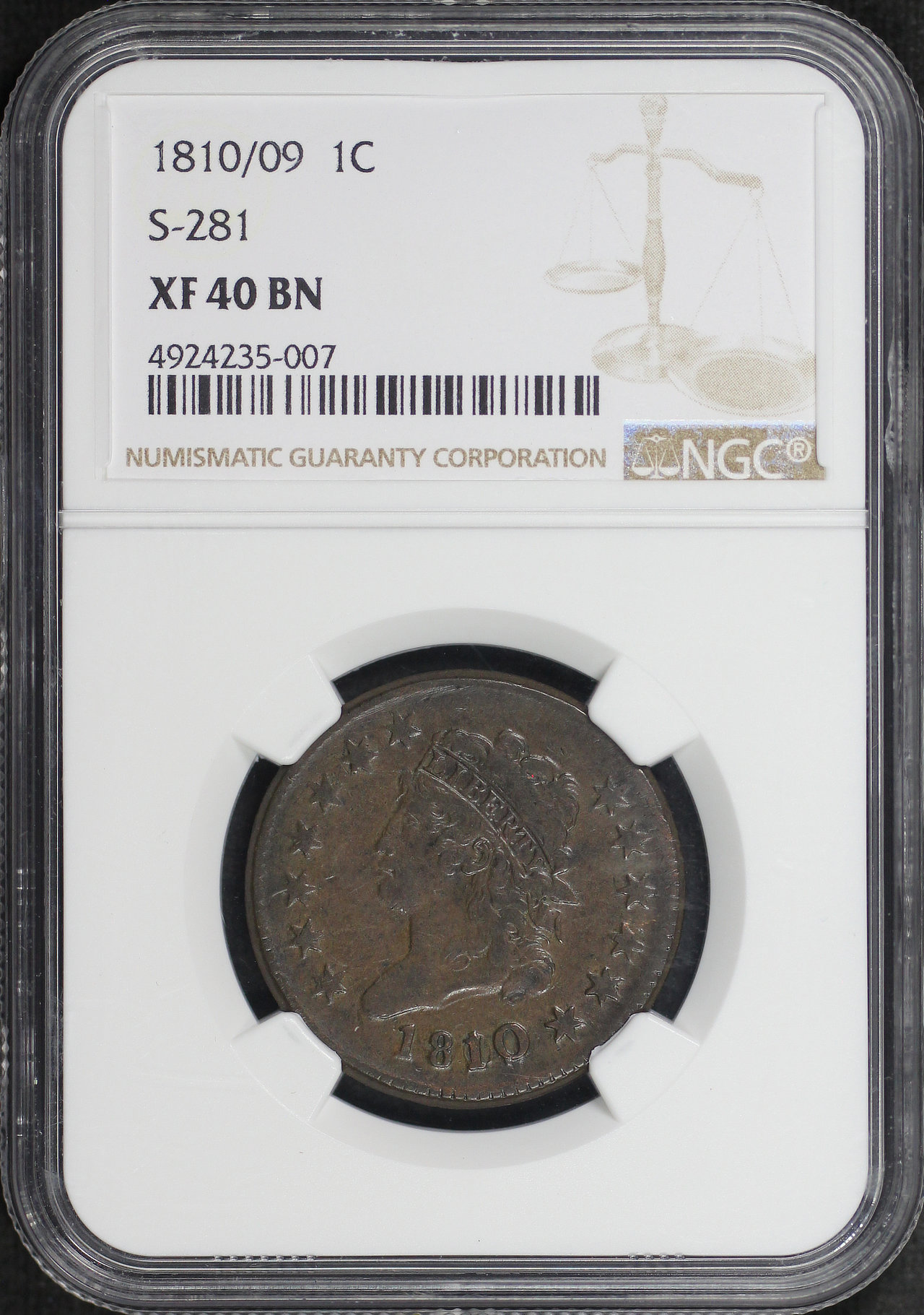 Obverse of this 1810/09 Classic Head Cent S-281 NGC XF-40 BN