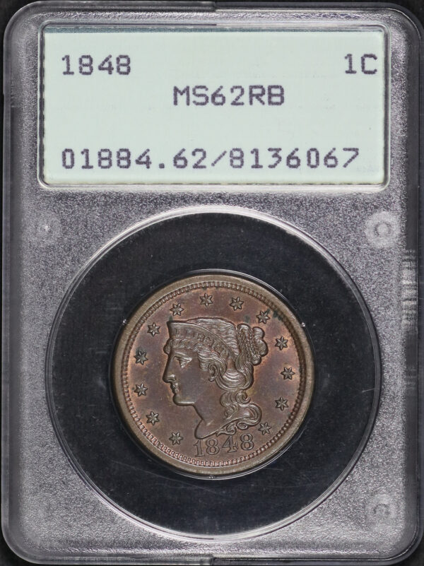 Obverse of this 1848 Braided Hair Cent PCGS MS-62 RB Old Green Rattler Holder