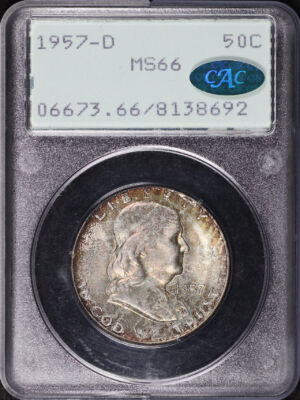 Obverse of this 1957-D Franklin Half Dollar PCGS MS-66 CAC Old Green Rattler Holder
