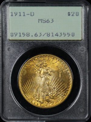 Obverse of this 1911-D/D St. Gaudens $20 PCGS MS-63 Old Green Rattler Holder