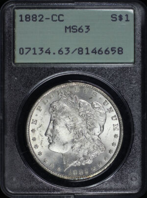 Obverse of this 1882-CC Morgan Dollar PCGS MS-63 Old Green Rattler Holder 